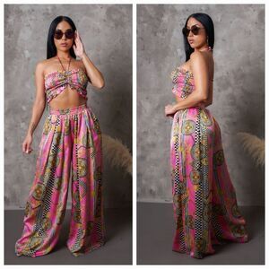 Multi Pink Wide Leg Pants & Ruched Top Set